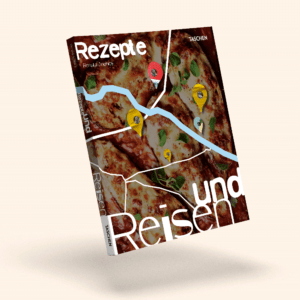 mockup des buchcovers, kochbuch, rezepte und reisen, editorial design, buchgestaltung, typografie, webdesign, grafikdesign